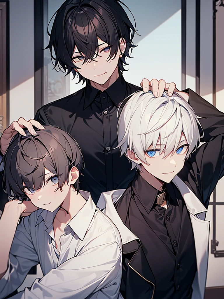 Short Hair:1.9,Ugly man:1.9、Villain、night、Apartment room、Narrow eyes、He has a bad appearance、Dark circles under the eyes:1.9、Sunken eye sockets、Black around the eyes、Grinning、Lean and muscular、Short-cropped blonde hair、Black nape、White collared shirt、Black suit