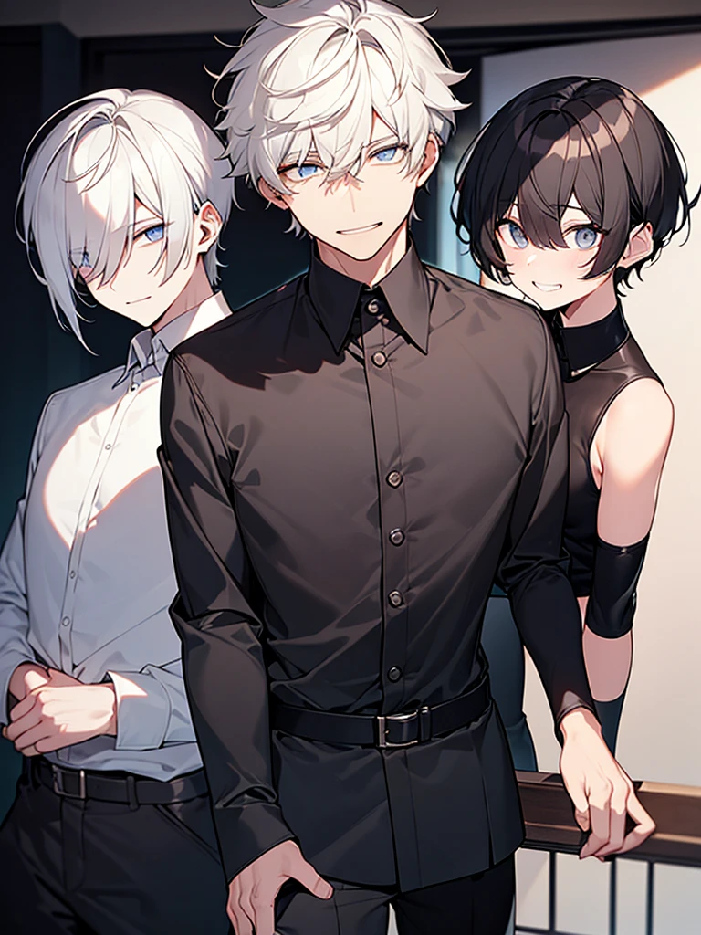 Short Hair:1.9,Ugly man:1.9、Villain、night、Apartment room、Narrow eyes、He has a bad appearance、Dark circles under the eyes:1.9、Sunken eye sockets、Black around the eyes、Grinning、Lean and muscular、Short-cropped blonde hair、Black nape、White collared shirt、Black suit