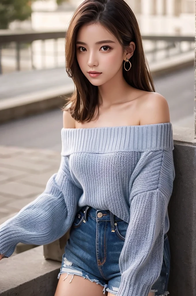 ((Highest quality)), ((masterpiece)), (detailed), One girl, Off-the-shoulder sweater, 