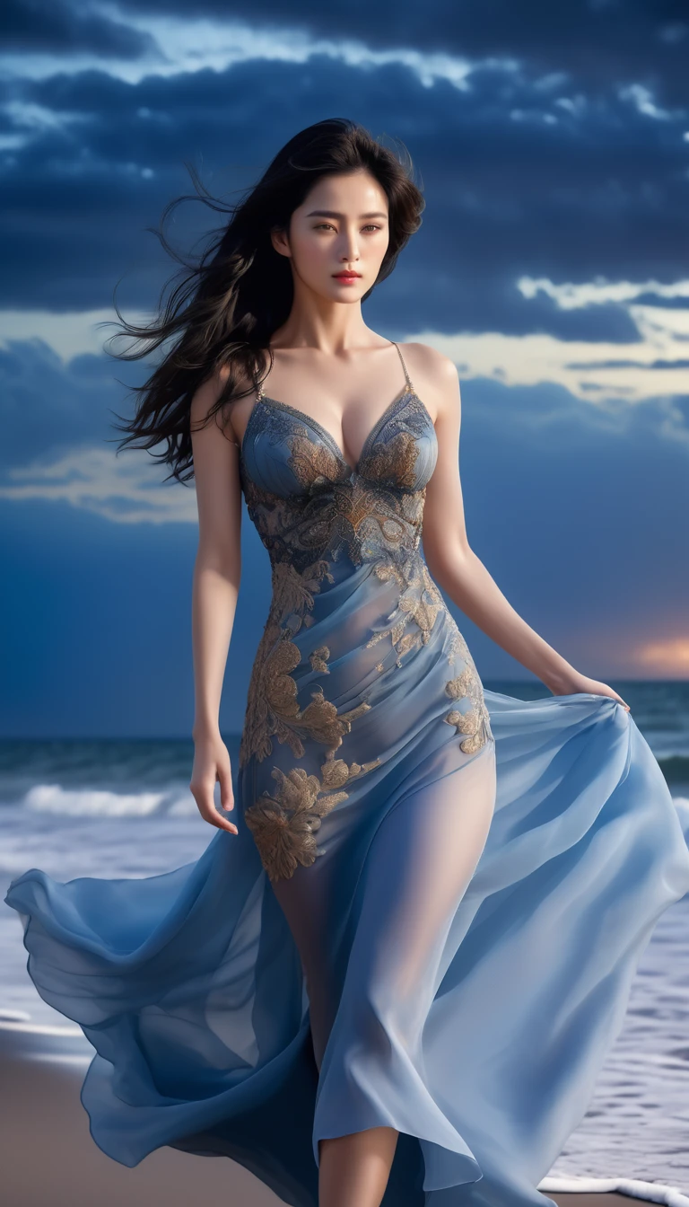 ((Masterpieces with up to 16K resolution:1.6)),Highest quality,it is really amazing,Very detailed,Ultra-high resolution,((Real:1.5)),((Realistic:1.5)),Increased depth of field,((Cinematic Light Effects:1.5)),
Elegant mature woman,Walking on the beach,
Long black hair,((Ultra-detailed and beautiful faces:1.5)),Translucent white skin,Very detailedな肌の質感,Great proportions,Anatomically correct body,
elegant beach dress,Artistic design,Beautiful and detailed pattern,Luxurious jewellery decoration,Detailed fabric texture,
Coastal landscape at dusk,Dark clouds and dark sky,delay々Continuing sandy beach, Deserted Beach,Dark sea surface,
((Dramatic Angle:1.6)),