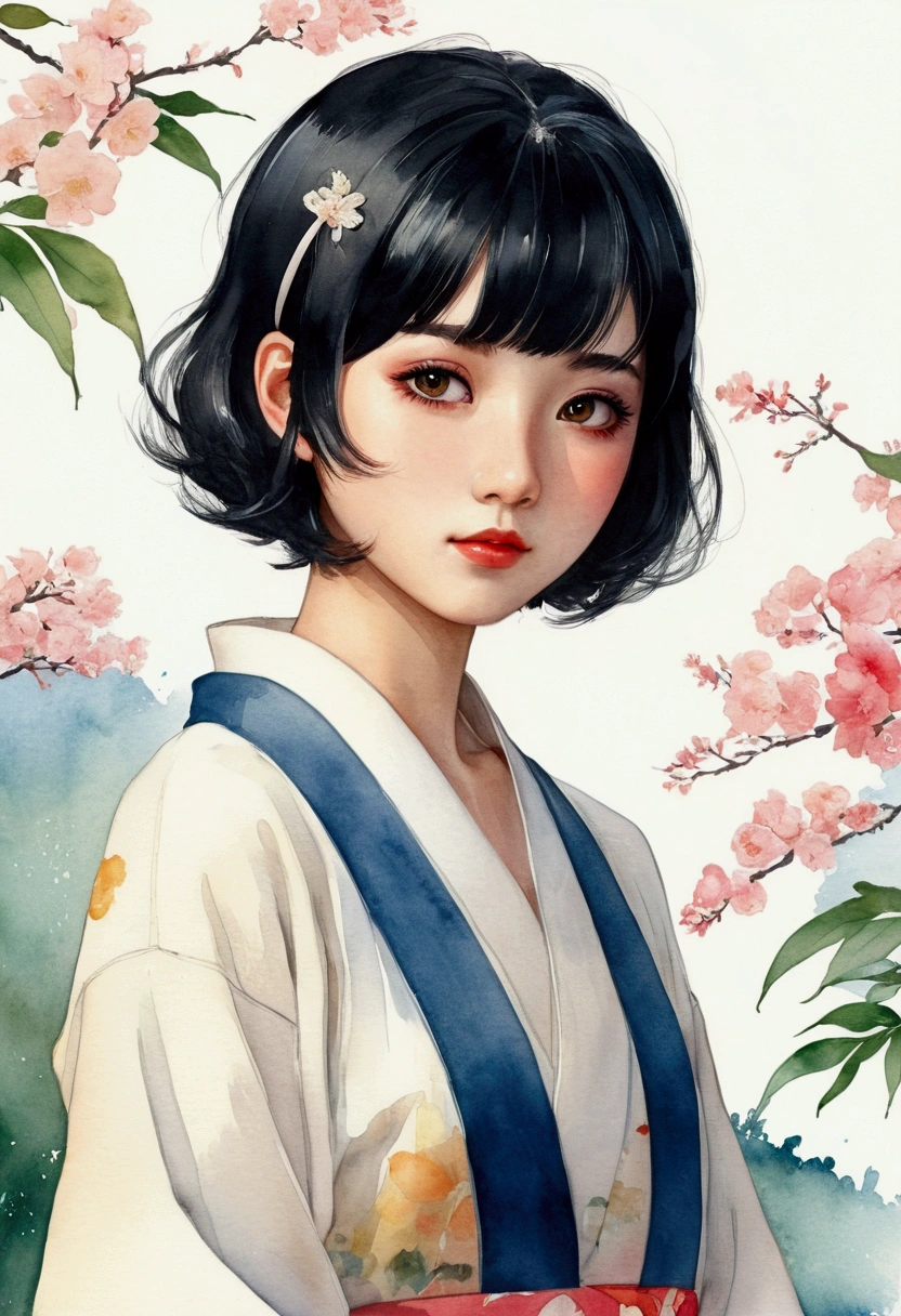 Watercolor style、Digital Art、Retro anime style、Black Bob、Beautiful Japanese Girls、18-year-old