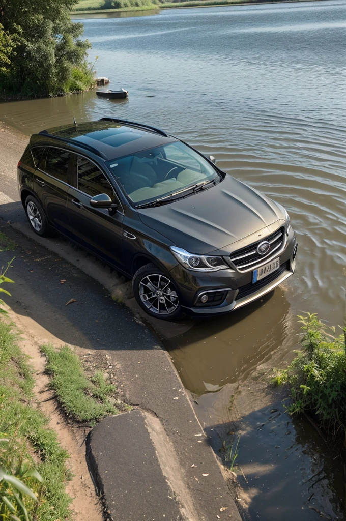 There is a car in front of the river bank