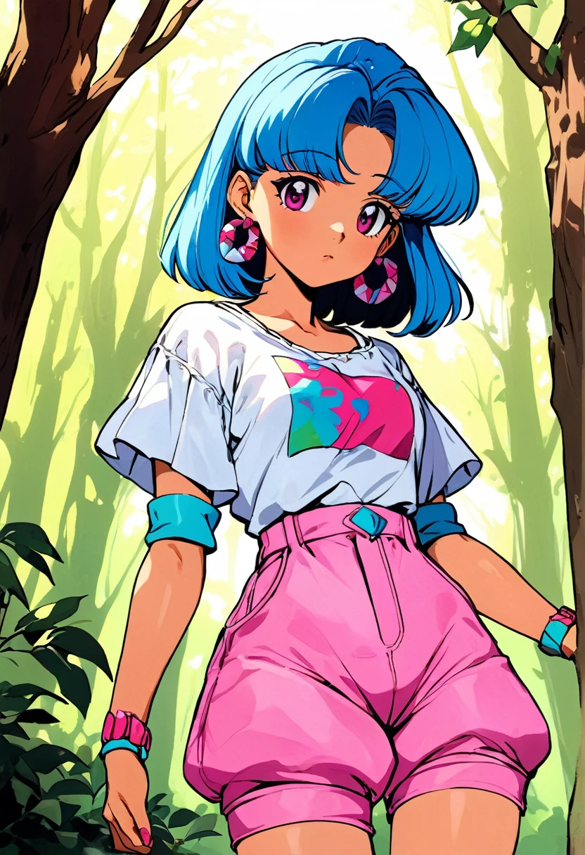 An anime girl with pink hair and a pink maid outfit standing in the woods, 80's anime vibe, 80s anime art style, 80s anime style, 80s anime art style, 1980's anime style, 90s anime art style, Retro Anime Girls, 90s anime style, 90s anime style