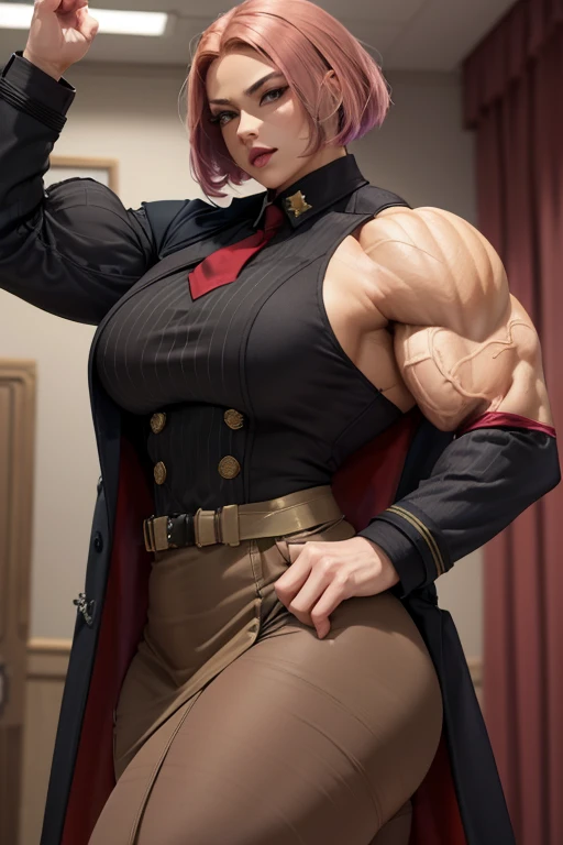 ((Massive, beautiful, buff, light brown skinned muscular woman with shocking pink hair, red eyes, black lipstick, ginormous bulky muscles)), (close view), ((((long sleeve military overcoat)))), ((long sleeve military overcoat)), necktie, blazer, ((((military officer uniform)))), (((waistcoat))), (((military officer uniform))), (((pencil skirt))), (((pencil skirt))), tie clip, pocket square, cloves, (pantyhose), high heels, (close view), (massive muscles), hyper muscles, angled bob cut, in a military office,
