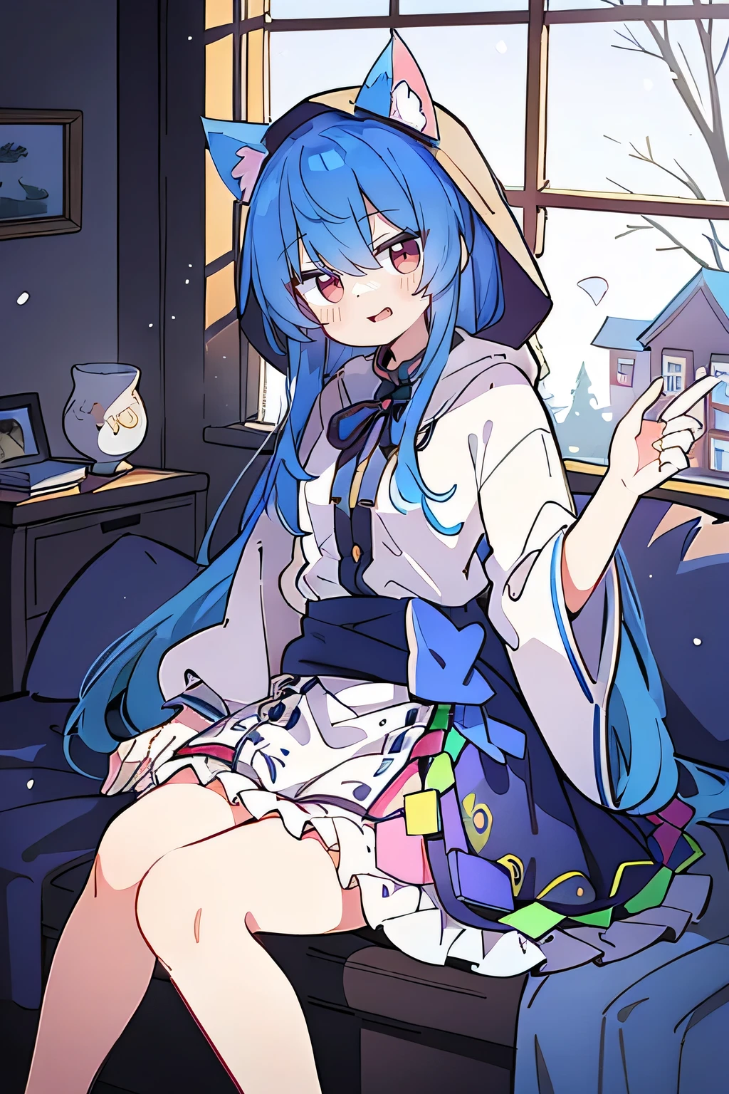 （masterpiece：1.2），Super detailed，lifelike，Expressive eyes，fair skin，perfect face shape，1 girl，
Japanese comics,Gorgeous blue hair,flowing blue hair,flowing clothes,Cat ears,Petals fall,beautiful lola,Baby Angel,
Shaking head with one hand，Cross your legs，Gentle and peaceful background，The pavilion is cool and comfortable,smile, wearing hoodie, In front of the window,snowing，Clear sky，Witch costume。