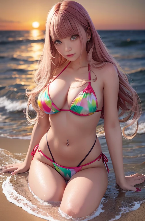 ( One Girl, Improve, alone)),((( Perfect Anatomy,Anatomically correct))), ((Multicolored Hair)), Platinum Blonde,Long Hair, low-tied Long Hair, Floating Hair, debtんわりとした髪,(( Clarity Metallic Strapless Bandeau Bra, Clarity Metallic Bandeau Bikini)),(( Clarity Metallic Pink Competition,very complex texture)), (Red eyes玉), Big eyes, Red eyes, compensate, Earrings, jewelry, Laughter, y pose, Sexook, Surrealism, Surrealism, modern art, realism, image debtill, silhouette, Chiaroscuro, First Person View Chest, debt/1.8, Tabletop, 8K, Deserted tropical beach, Highest quality,Highest Resolution , number々Awards for, Attention to detail,( Ocean, Starry Sky, Twilight Sky,Beautiful and enchanting sunset on the beach, pale pink lighting, Gentle waves crash on the shore,Red rose wave, White sand beach, Swaying palm trees, Dynamic and breathtaking scenes, Immerse yourself in a calm atmosphere,expand the body of water), sunrise , Nice views