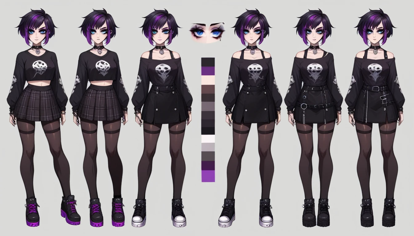 Solo, score_9,score_8_up,score_7_up, source_girl, goth girl, teenage female, black hair, goth style hair, wearing black bike shorts, black spandex shorts, 1.3, goth makeup, fishnet, wearing goth clothes, goth, emo, goth outfit, standing, solo, full body, blue eyes, black clothes, plaid skirt is optional item (short hair), character design, character sheet, (purple highlights), Black and purple hair,