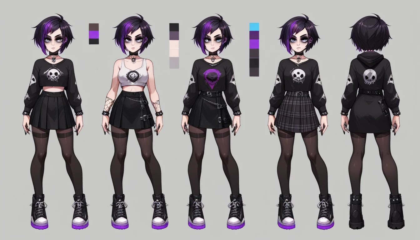 Solo, score_9,score_8_up,score_7_up, source_girl, goth girl, teenage female, black hair, goth style hair, wearing black bike shorts, black spandex shorts, 1.3, goth makeup, fishnet, wearing goth clothes, goth, emo, goth outfit, standing, solo, full body, blue eyes, black clothes, plaid skirt is optional item (short hair), character design, character sheet, (purple highlights), Black and purple hair,