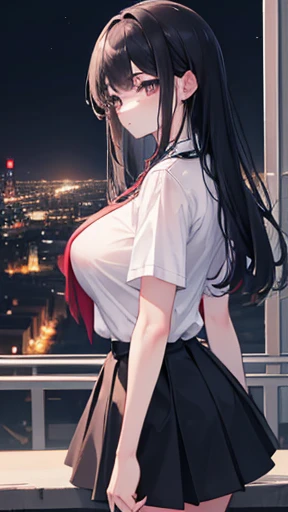 Highest quality, Ultra-high resolution, Very delicate, beautiful girl, 8k wallpaper, From the side, Facing the audience, Outdoor, Somewhere in the city, shirt, skirt, City of night, City in Ruins, end,Big Breasts、Long black hair,Big Breasts