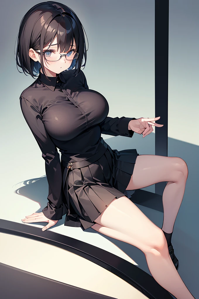 1 girl, glasses, (full body:1.2), sitting, (angle from below:1.1), (angle from the side:1.1), blush, (slim body:1.2), (huge breasts:1.3), (slender and long legs:1.1), black hair, short hair, white long sleeve shirt, pleated skirt, (black tights:1.1), black loafers,