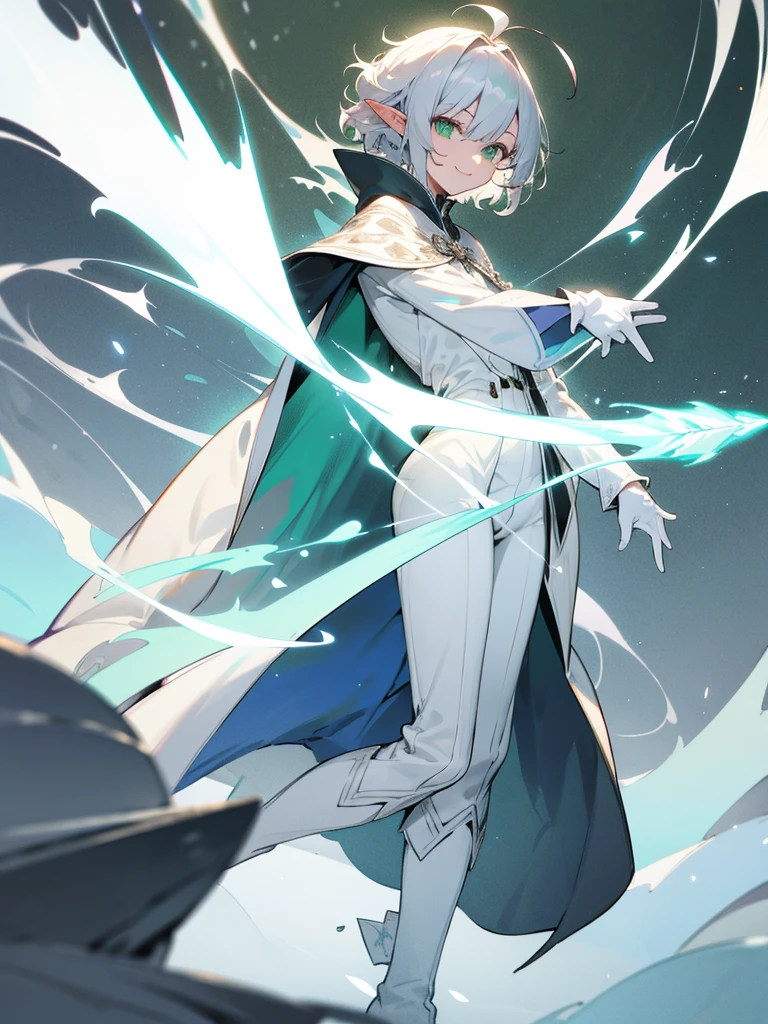 Elf, silver hair,short hair, medium cut, ahoge, curly hair,green eyes,slender, fair skin, cool Smile, robe, cloak, White gloves, long boots, pants, ice loads magic effect,