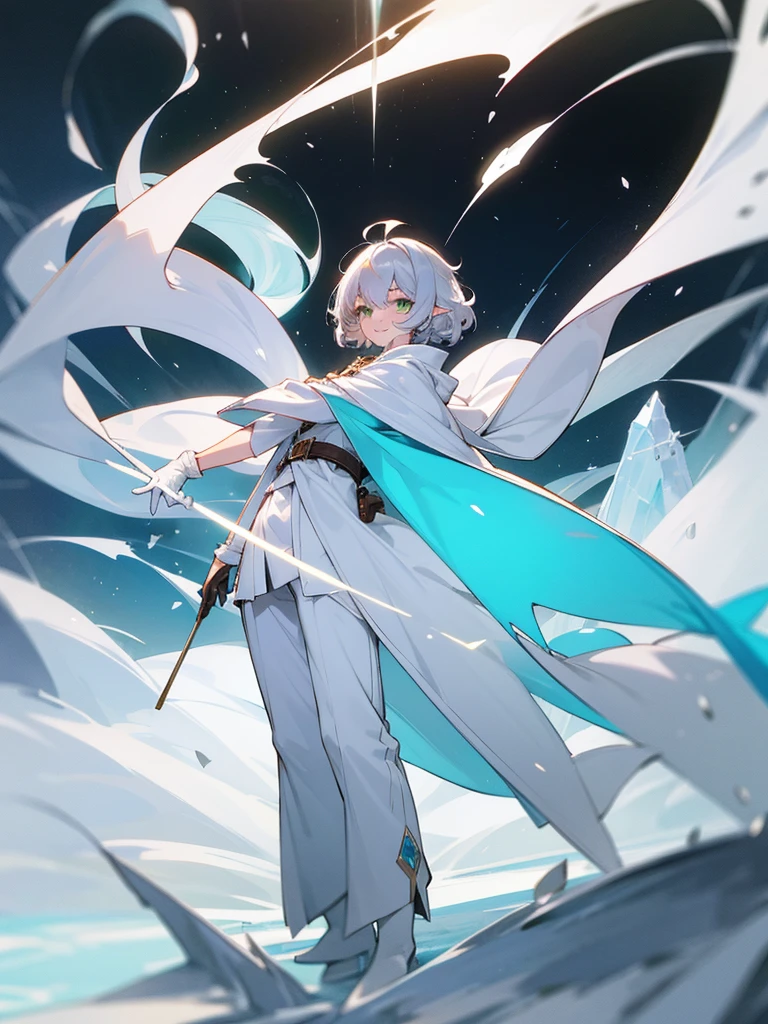 Elf, silver hair,short hair, medium cut, ahoge, curly hair,green eyes,slender, fair skin, cool Smile, robe,  cloak, White gloves, long boots, pants, ice loads magic effect, 