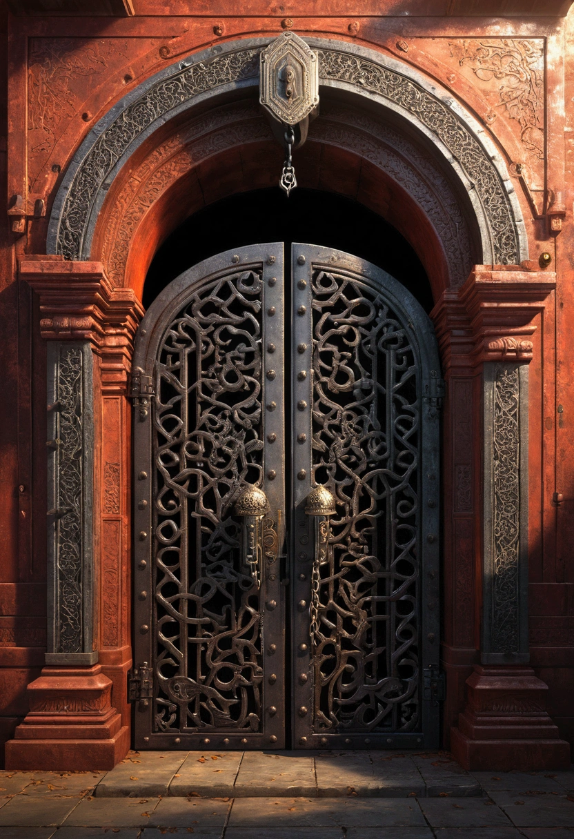 Antique mahal door of remote old India with huge steel lock, chain with steel chain, Octane Rendering, Cinema4D rendering, Hyper-detailed doors sealed with huge steel chains, closed door with a lamp on the wall, Sparks on the floor, Smoke on the floor, gate to hell, the gate to hell, Symmetrical epic fantasy art, the Hell&#39;s Gate, Epic fantasy novel cover art, majestic occult gates, And Mumford Tom Bagshaw, Hell&#39;s Gate, Entrance to the Realm of Lost Flames, Dan Mumford and Alex Grey&#39;s style, Portal to Hell sealed in steel chains and giant lock, Surreal, Photorealism, Cinema Lighting