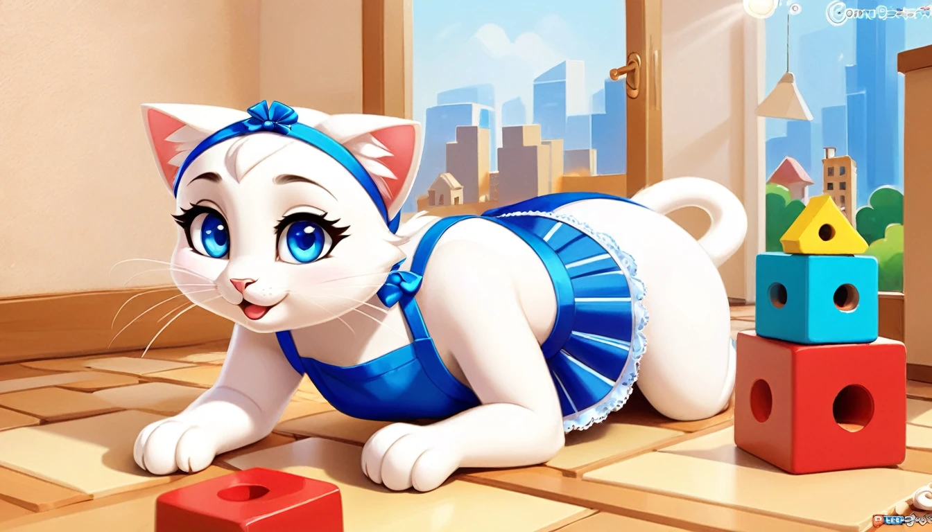 In the warm home of log style，A white cartoon 3D cat，Has big blue eyes，Long eyelashes，Line eyebrows，smiling，Wearing an apron and sweeping the floor，A white cartoon 3D cat，Has big blue eyes，Long eyelashes，Line eyebrows，smiling，Wearing a blue dress，Cat wearing a headband playing with building blocks，The picture is warm