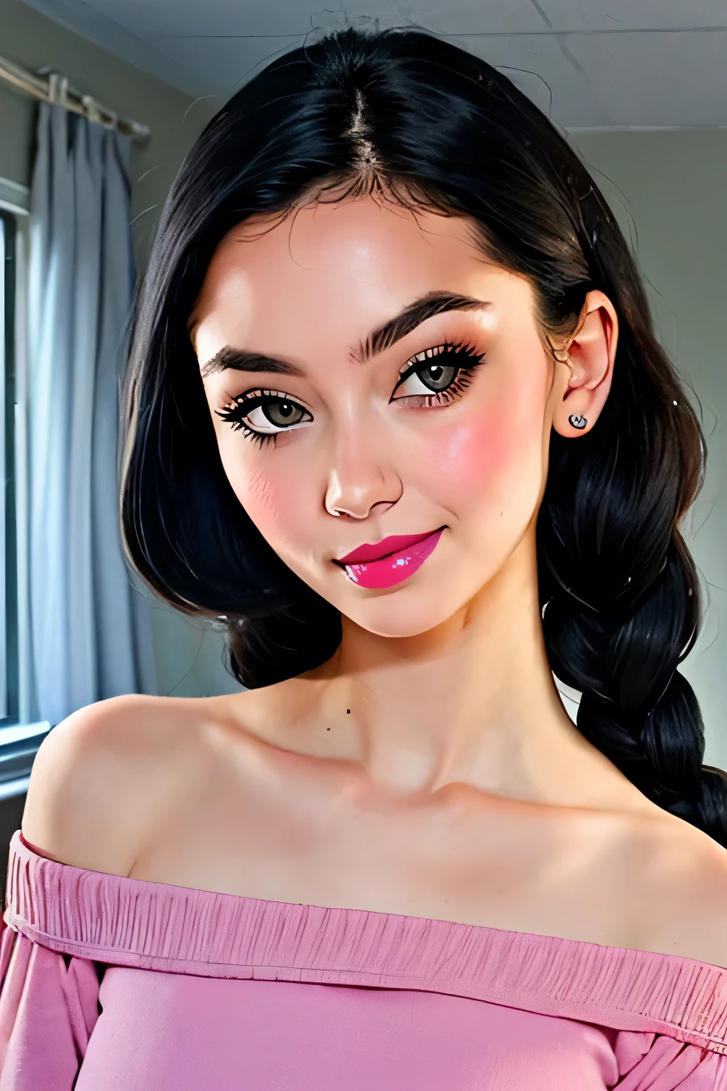 Sexy and cute woman, woman in love, black hair braided, very seductive and soft eyes, blushing hard, pink lips parted, seductive smile, long neck, collarbone, medium chest, cleavage, off shoulder t shirt, no straps, bare shoulders