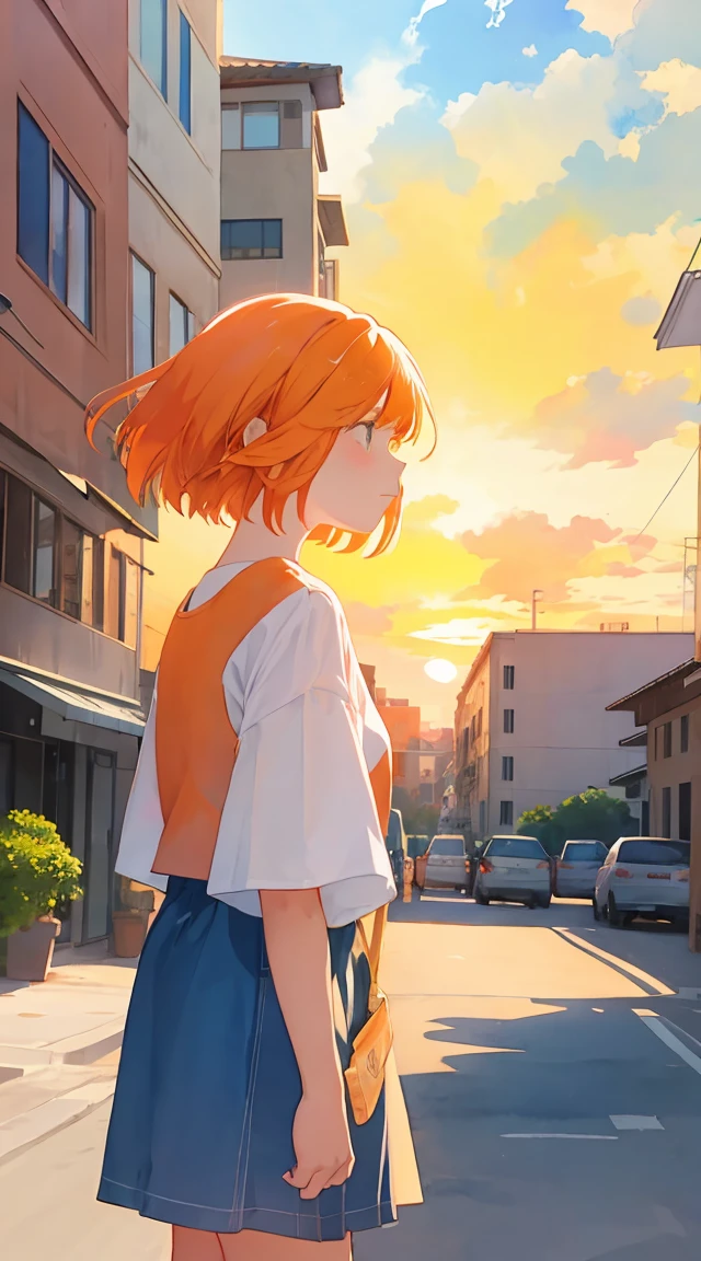 watercolor,building,Girl in the distance,sunset,setting sun,Big Sky,Orange Hair,Bob Hair,Sad expression,whole body