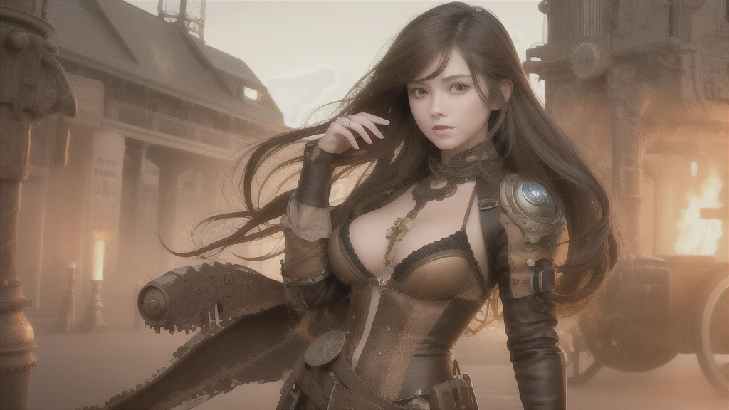 Highest quality, masterpiece, (Realistic:1.2), 1 Girl, Brown Hair, Brown eyes,front, Detailed face, Beautiful Eyes、Locomotive、Steampunk landscape、Steampunk attire