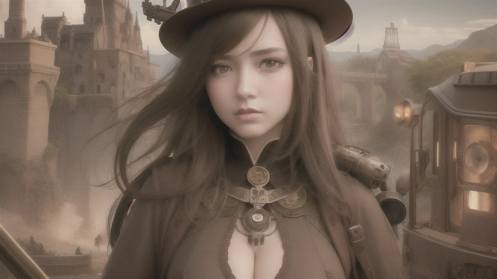 Highest quality, masterpiece, (Realistic:1.2), 1 Girl, Brown Hair, Brown eyes,front, Detailed face, Beautiful Eyes、Locomotive、Steampunk landscape、Steampunk attire