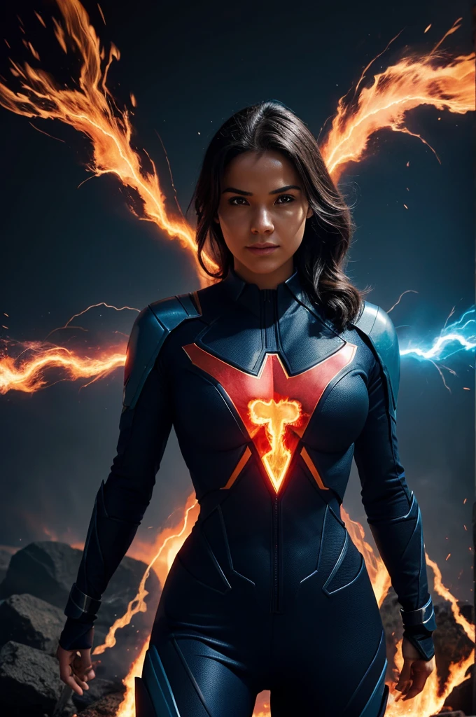 Generate an image of a superhero with the ability to control the elements of fire and plasma, wearing a suit that enhances their fire- and plasma-manipulation abilities. with light color background for t-shirt design a girl