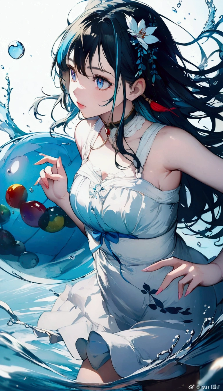 a woman beautiful in a dress is holding a ball in the water, anime girl walking on water, wallpaper anime blue water, by Yuumei, artgerm and atey ghailan, clean detailed anime art, beautiful anime artwork, anime illustration, pixiv trending, detailed anime artwork, inspired by Yuumei, guweiz, pixiv daily ranking