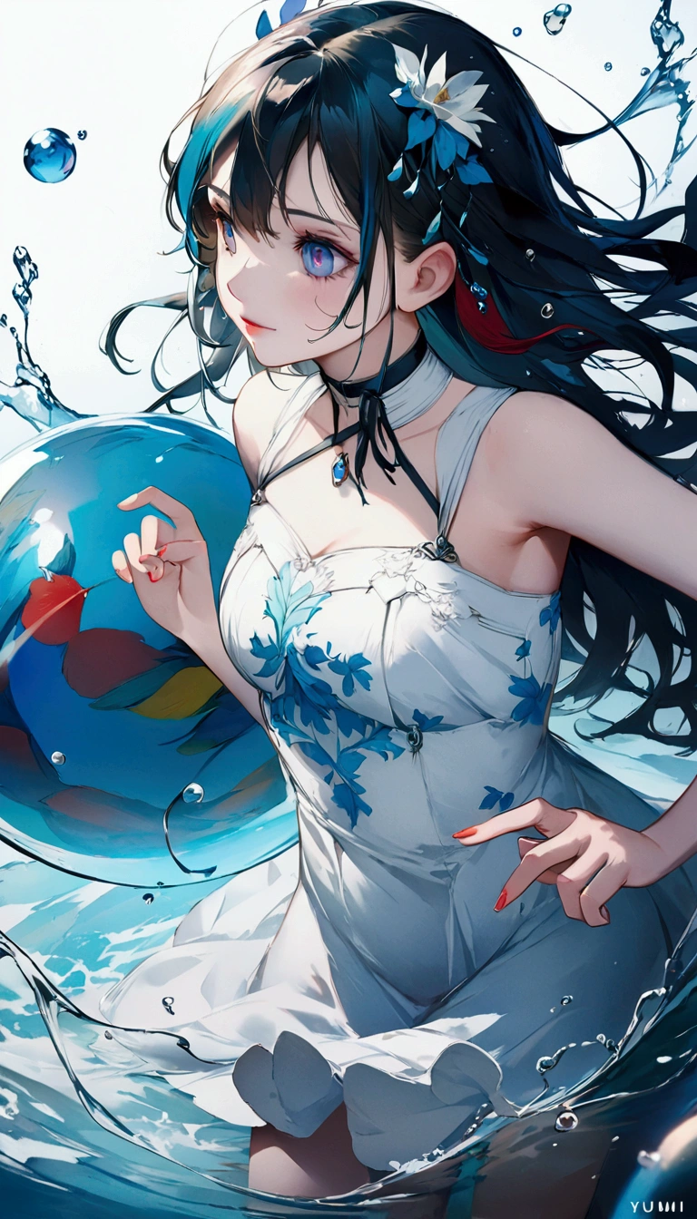 a woman beautiful in a dress is holding a ball in the water, anime girl walking on water, wallpaper anime blue water, by Yuumei, artgerm and atey ghailan, clean detailed anime art, beautiful anime artwork, anime illustration, pixiv trending, detailed anime artwork, inspired by Yuumei, guweiz, pixiv daily ranking