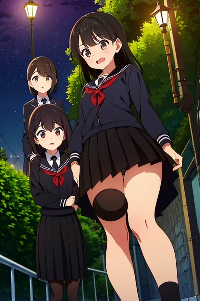 (Three Women:1.5) ,Dark Brown Hair,Black Hair,(Nose Brush:1.7) ,Surprised,Open your mouth,(school uniform),(Panties in full view:1.7),(Extremely high quality),(mini skirt),nature,Country Road,Shiny legs, Thighs,Cute face,(Looking up from below),tall,night,Street lamp,hedge