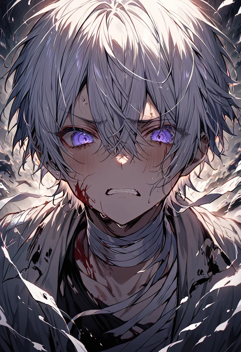 20-year-old male、I was injured、The clothes are a little torn、A little bloody、Bandaged、Stern expression、heavy atmosphere