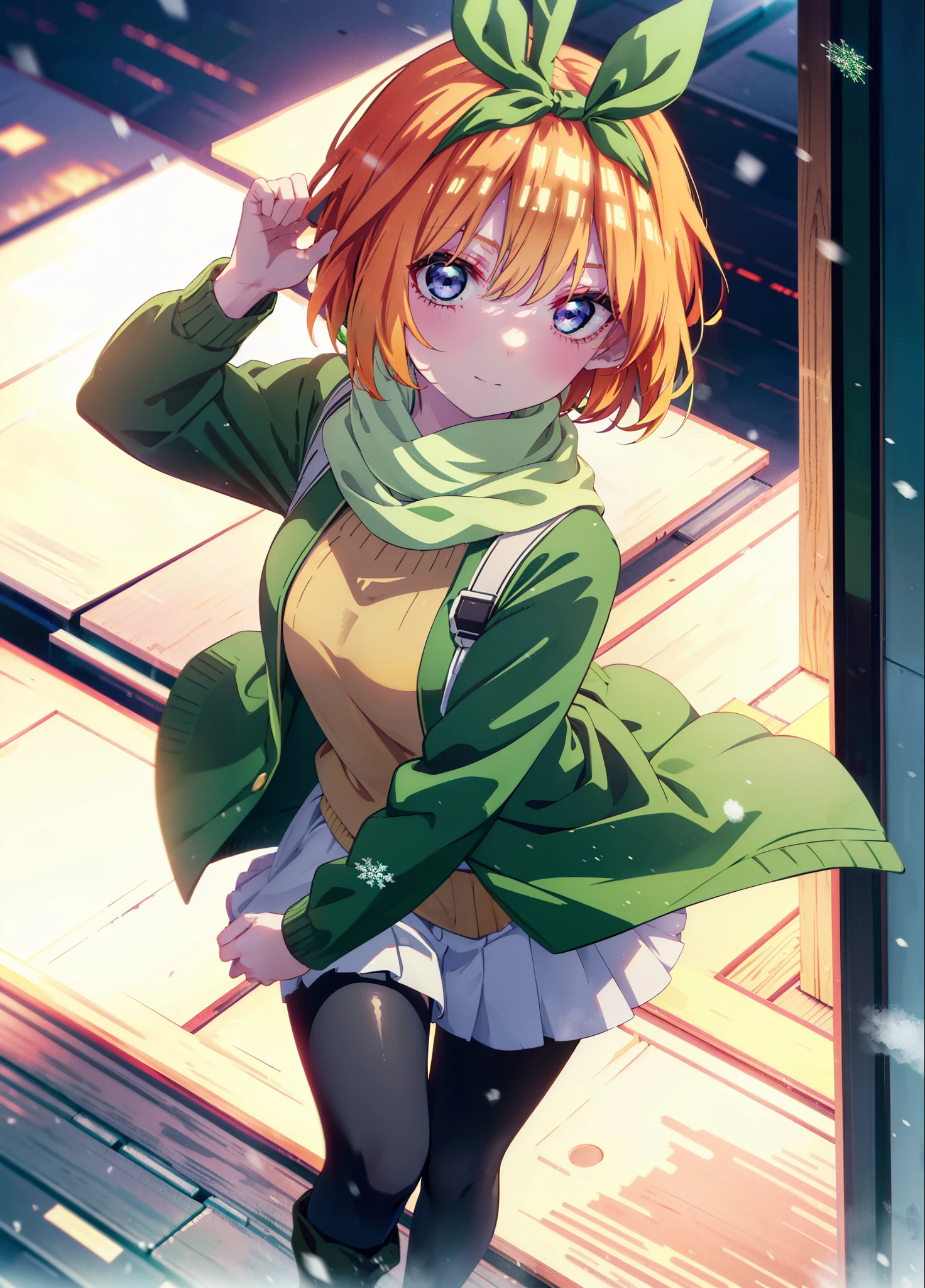 Yotsubanakano, Yotsuba Nakano, bangs, short hair, blue eyes, Hair between the eyes, hair ribbon, hair band, Orange Hair, (Green ribbon:1.5), smile,Green long coat,sweater,White scarf,Long skirt,Black pantyhose,short boots,It's snowing,Snow is piled up,Walking,whole bodyがイラストに入るように,
break ourdoors, Snow Country,In town,
break looking at viewer, whole body,
break (masterpiece:1.2), Highest quality, High resolution, unity 8k wallpaper, (figure:0.8), (Beautiful attention to detail:1.6), Highly detailed face, Perfect lighting, Highly detailed CG, (Perfect hands, Perfect Anatomy),