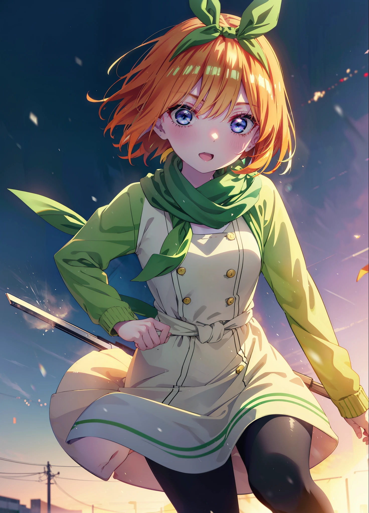 Yotsubanakano, Yotsuba Nakano, bangs, short hair, blue eyes, Hair between the eyes, hair ribbon, hair band, Orange Hair, (Green ribbon:1.5), smile,Green long coat,sweater,White scarf,Long skirt,Black pantyhose,short boots,It&#39;s snowing,Snow is piled up,Walking,whole bodyがイラストに入るように,
break ourdoors, Snow Country,In town,
break looking at viewer, whole body,
break (masterpiece:1.2), Highest quality, High resolution, unity 8k wallpaper, (figure:0.8), (Beautiful attention to detail:1.6), Highly detailed face, Perfect lighting, Highly detailed CG, (Perfect hands, Perfect Anatomy),