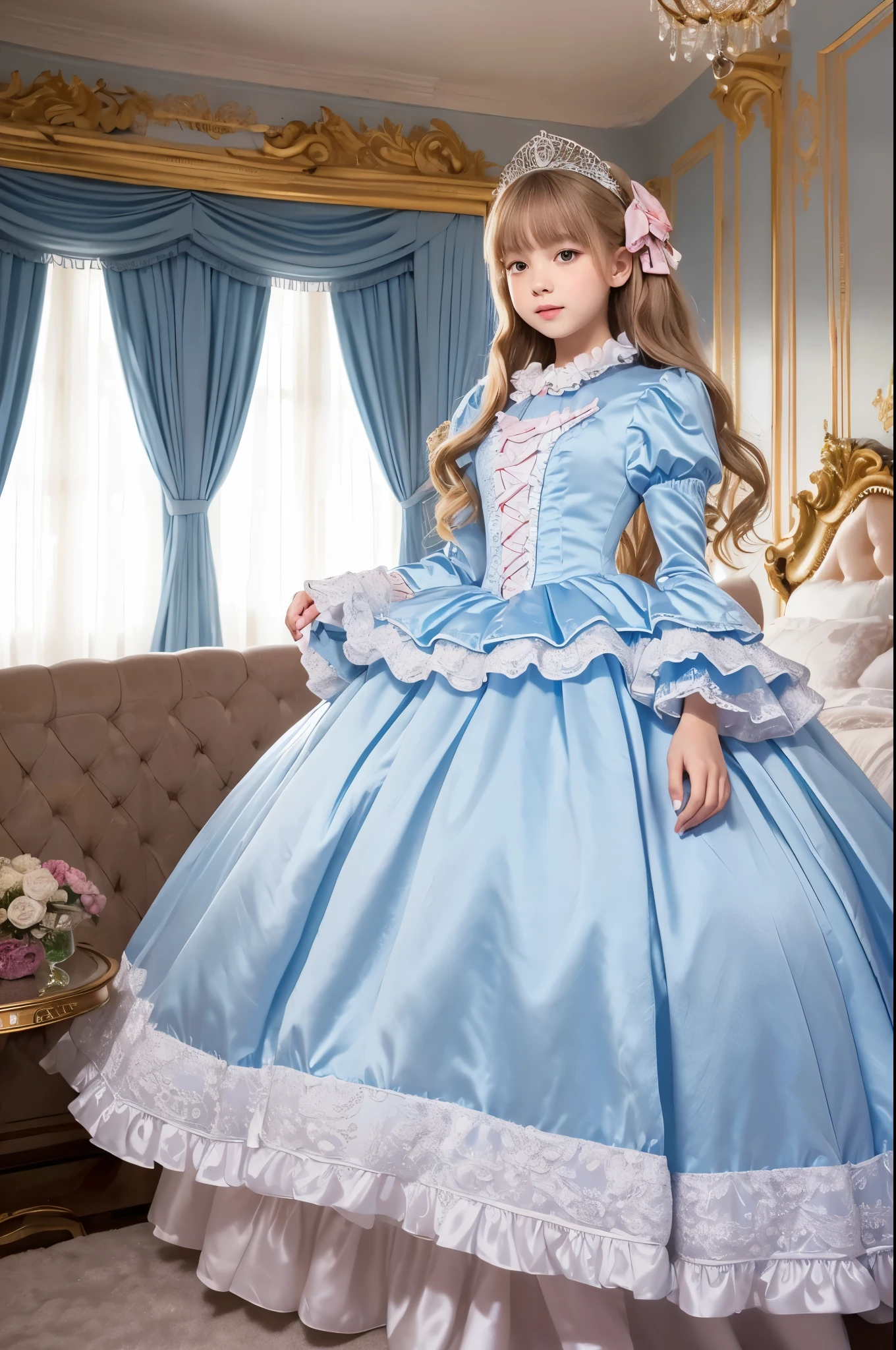 highest quality, masterpiece, highest resolution, artwork, super それにget used to it, many get used to it, get used to it, それにget used to it, 3k realistic pictures,,((12 year old s)),Ultra-detailed juvenile face,ultra-detailed beautiful little girl princess,full length ball gown dress with hoop skirt,ruffled yoke collar,puff sleeves,long sleeve,((Lolita style light blutailed princess satin dress with lots of ruffles and ribbons)),Rococo style lolita fashion,shiny satinss,Soft and smooth fabric,detailed princess dress,luxury,long blonde hair,blue eyes,white skin european,Pajama,((in the bedroom of the palace)),luxury princess canopy king size pink bed,shiny satin sheets,ultra-detailed princess bed,High-quality background,lot of frilled pillows,on the bed,

