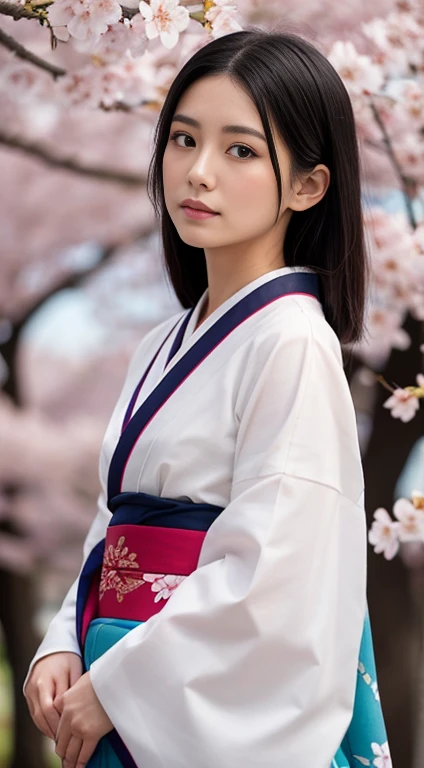 Please draw a beautiful woman wearing a traditional Japanese kimono.。She stands against the backdrop of cherry blossoms。Black Hair