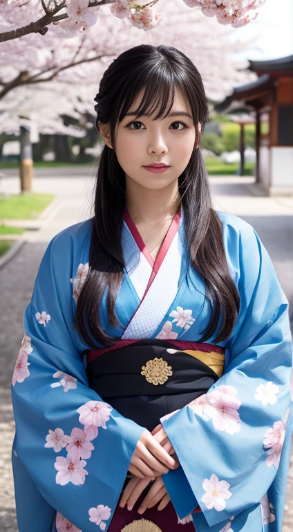 Please draw a beautiful woman wearing a traditional Japanese kimono.。She stands against the backdrop of cherry blossoms。Black Hair