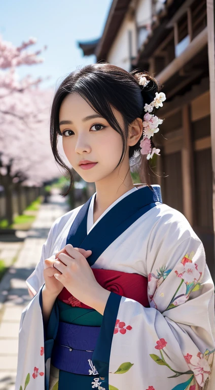Please draw a beautiful woman wearing a traditional Japanese kimono.。She stands against the backdrop of cherry blossoms。Black Hair