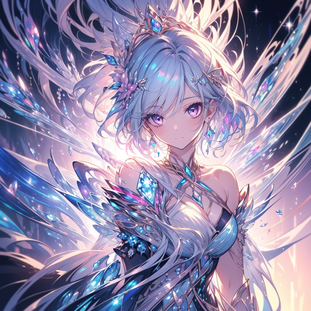 (masterpiece, Highest quality, Highest quality, Official Art, Beauty and aesthetics: 1.2), (One girl: 1.3), Very detailed, (Fractal Art: 1.1), (color: 1.1) (diamond: 1.3), Most detailed, (Tangled: 1.2), (Dynamic pose), (Abstract background: 1.3), (Shiny skin), (Many colors: 1.4), ,( Earrings:1.4),