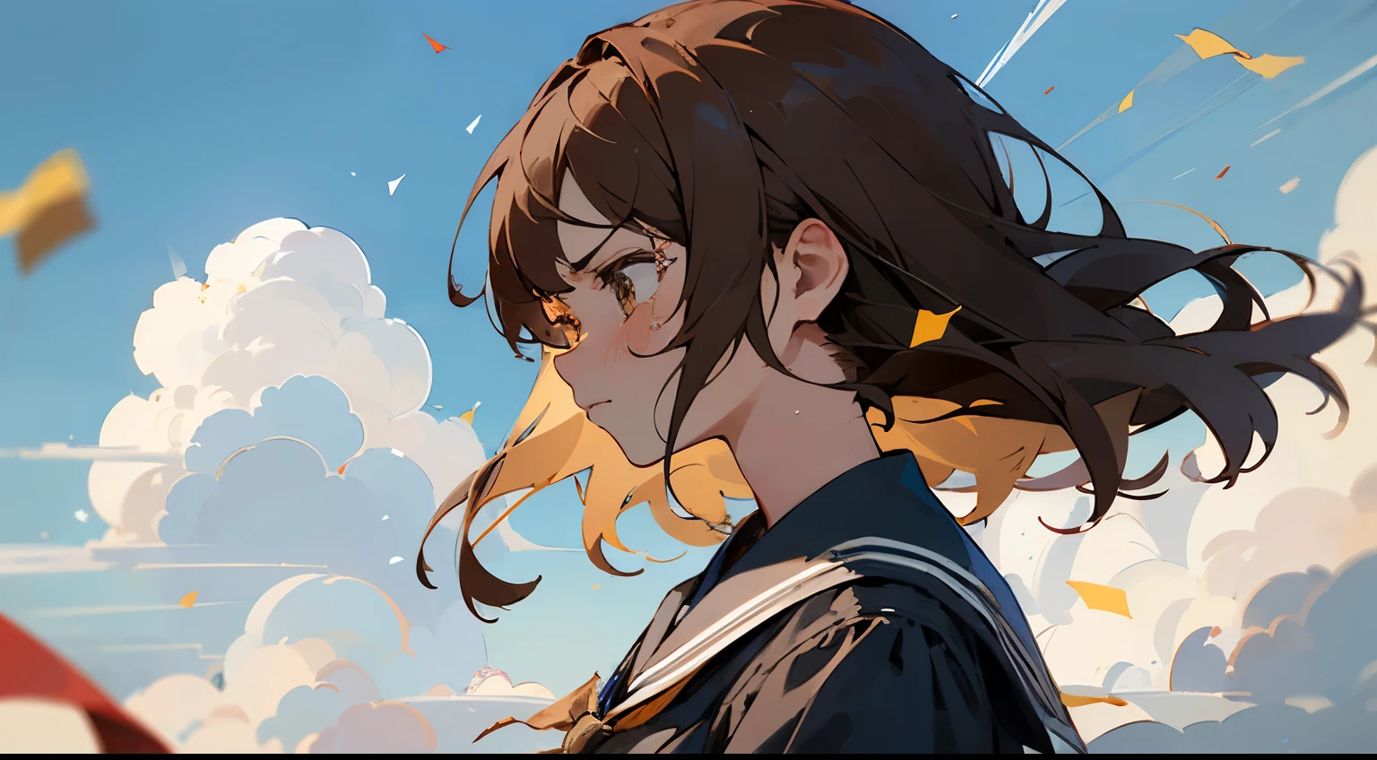 ((Highest quality)), ((masterpiece)), ((Very detailed)),Girl,Angry expression,Confetti,Brown Hair,Blue sky and clouds,Tears on my cheeks,profile,student,School building