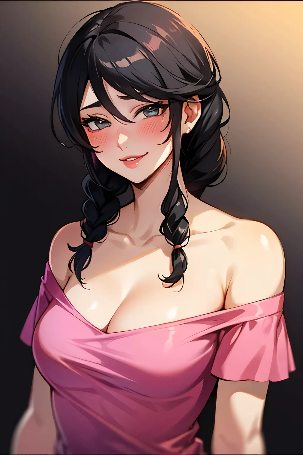 Sexy and cute woman, woman in love, black hair braided, very seductive and soft eyes, blushing hard, pink lips parted, seductive smile, long neck, collarbone, medium chest, cleavage, off shoulder t shirt, no straps, bare shoulders