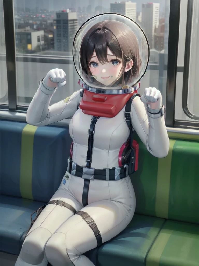 space helmet, (cinematic scene, sitting on a chair, train interior, , city view, night view: 1.5), space helmet, eva helmet, space suit, astronaut), smile bubble helmet, very detailed, speed helmet, bubble helmet, ,upper body, astronaut),eva helm, spacesuit , astronaut),girl, wearing a (spacesuit:1.15), white cargo pants, (headsets:1.5), CAT EARS, (PAW POSE:1.5)