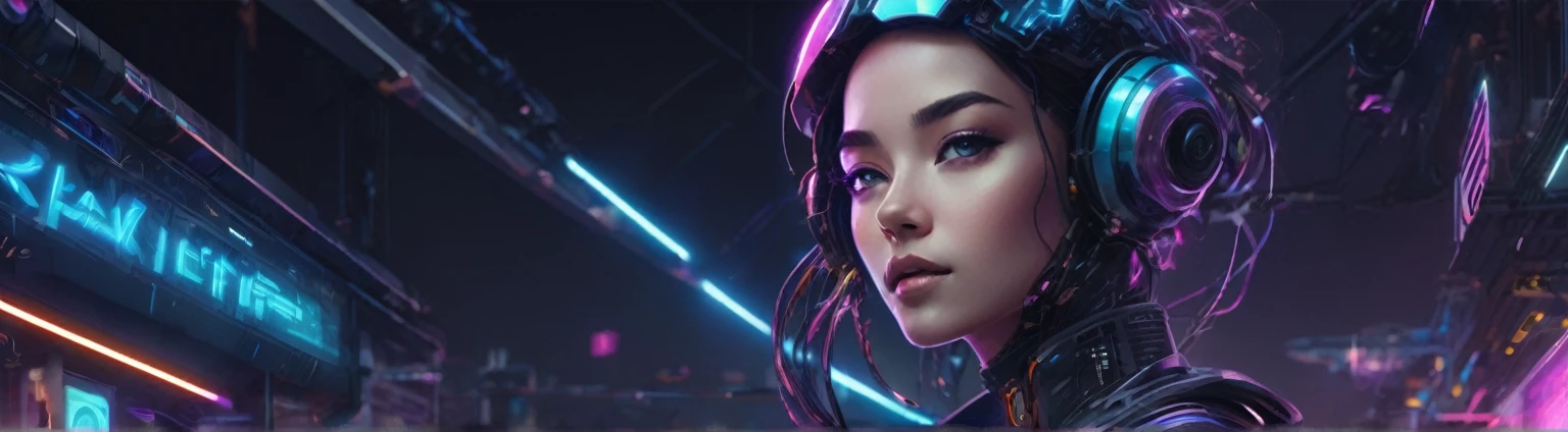 ```
Create a YouTube channel banner with the following specifications:
- Size: 2560 x 1440 pixels, but ensure the main content fits within 1546 x 423 pixels
- Theme: CyberWaveLofi, a channel that produces lo-fi music
- Central text: "CyberWaveLofi" in a futuristic, space-themed font, prominently displayed in the center with correct spelling
- Main visual: A clearly human-like but obviously female AI cyborg with a proportionate neck, an attractive face, and stylish hair
- Background: Futuristic and cool, with a cyberpunk aesthetic
- Include the channel's logo prominently within the 1546 x 423 pixels safe area
- Use colors and elements that convey a near-future, high-tech vibe
```