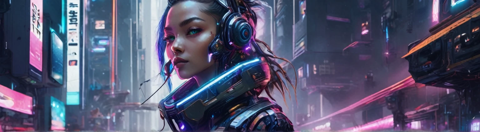 ```
Create a YouTube channel banner with the following specifications:
- Size: 2560 x 1440 pixels, but ensure the main content fits within 1546 x 423 pixels
- Theme: CyberWaveLofi, a channel that produces lo-fi music
- Central text: "CyberWaveLofi" in a futuristic, space-themed font, prominently displayed in the center with correct spelling
- Main visual: A clearly human-like but obviously female AI cyborg with a proportionate neck, an attractive face, and stylish hair
- Background: Futuristic and cool, with a cyberpunk aesthetic
- Include the channel's logo prominently within the 1546 x 423 pixels safe area
- Use colors and elements that convey a near-future, high-tech vibe

```