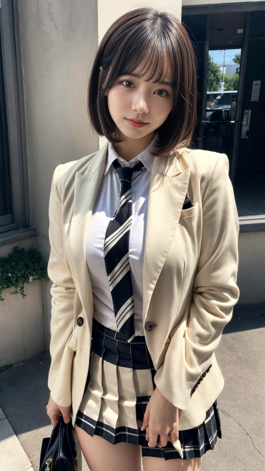(absurdres:1.3), (highres:1.3), (ultra detailed:1.3),(1girl:1.3), (extremely detailed CG unity 8k wallpaper:1.3), (detailed skin texture, detailed cloth texture, detailed hair texture), (beautiful detailed face, supermodel, pale skin, realistic glistening skin), (RAW photo, best quality), (realistic, photo-realistic:1.4), masterpiece, extremely delicate and beautiful,Amazing, finely detail, extremely detailed CG unity 8k wallpaper, huge filesize, ultra-detailed, highres, absurdres, soft light,rim light, vibrant details, short bob hair, large breasts, black hair color, Big Natural Color Lip, (perfect body shape), beautiful legs, BREAK (Ivory-white theme:1.4), (Ivory-white blazer:1.4), (school uniform:1.2), (long sleeve:1.2), (white shirt:1.3), (white socks:1.2),
BREAK (black and white theme:1.2), (black and white stripes tie:1.3), (black and white tartan-check pleated skirt:1.2),
BREAK (brown loafers:1.2), crying a little、little smile, Harajuku style、20 year old girl、cute type、lolita、standing