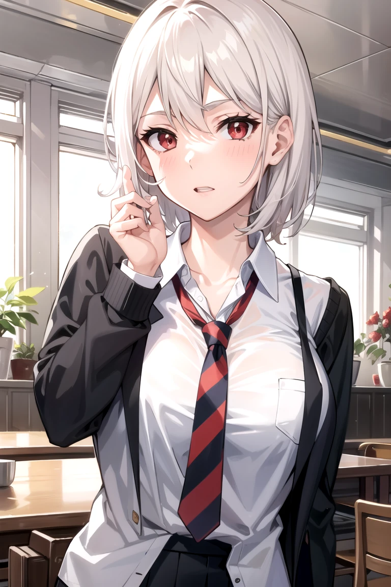 tall body, tall, long legs, mature female, mature, adult, EFT_Foodwars_Alice, 1girl, solo, necktie, short hair, red eyes, , striped necktie, upper body, shirt, red necktie, sweater, striped, white hair, big breasts