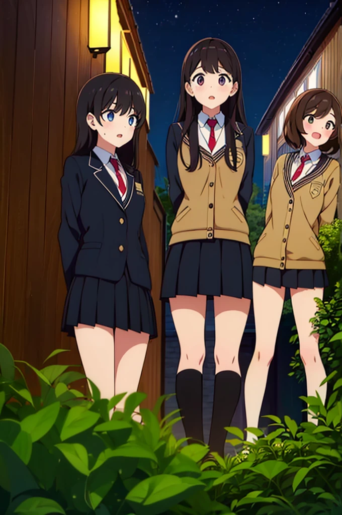 (Three Women:1.5) ,Dark Brown Hair,Black Hair,(Nose Brush:1.7) ,Surprised,Open your mouth,(school uniform),(Panties in full view:1.7),(Extremely high quality),(mini skirt),nature,river,Shiny legs, Thighs,Cute face,(Looking up from below),tall,squat