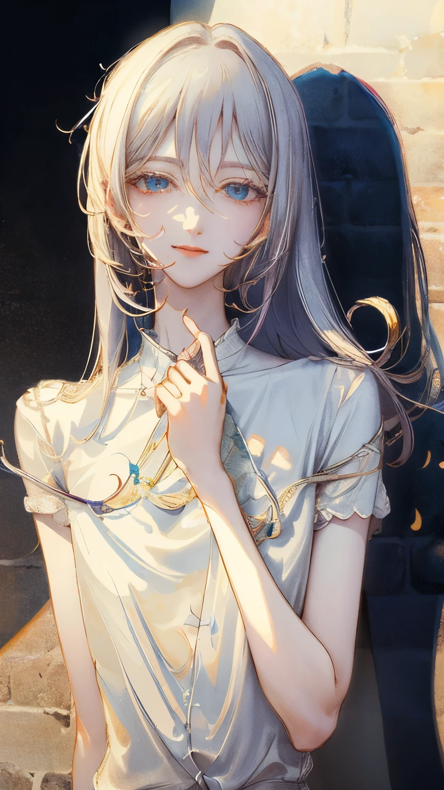masterpiece: 1.7、Highest quality、(High-definition CG、Ultra-detailed、Best Shadow:1.5)、Picturesque、sketch、Paper Textures、Ultra-high resolution、solo、Beauty、Long silver hair、White shirt、Upper body、Light Smile、Extremely thin face、Flat Color、High-definition、Extremely thin face、Realistic、Limited edition palette、Low Contrast、Best Writing、Blanche:1.5、(ゼンTangle、Mandala、Tangle、エンTangle:0.8)