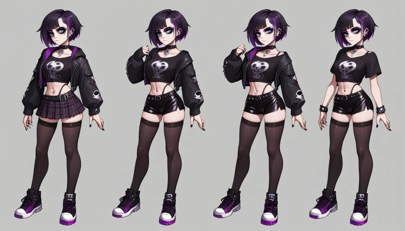 Solo, score_9,score_8_up,score_7_up, source_girl, goth girl, teenage female, black hair, goth style hair, wearing black bike shorts, black spandex shorts, 1.3, goth makeup, fishnet, wearing goth clothes, goth, emo, goth outfit, standing, solo, full body, blue eyes, black clothes, plaid skirt, black spandex shorts, (short hair), character design, paper doll sheet, (purple highlights), Black and purple hair,