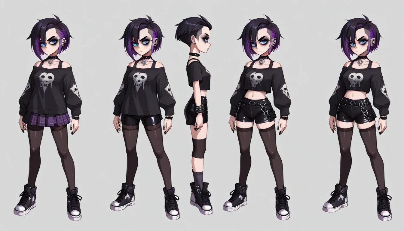 Solo, score_9,score_8_up,score_7_up, source_girl, goth girl, teenage female, black hair, goth style hair, wearing black bike shorts, black spandex shorts, 1.3, goth makeup, fishnet, wearing goth clothes, goth, emo, goth outfit, standing, solo, full body, blue eyes, black clothes, plaid skirt, black spandex shorts, (short hair), character design, paper doll sheet, (purple highlights), Black and purple hair,