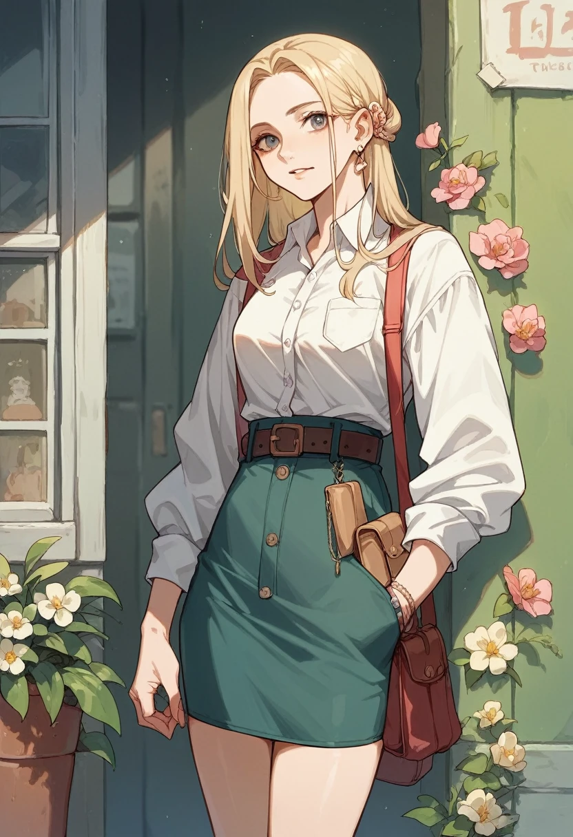 A flayered long chitenge material style skirt for teens with pockets and a belt on the waist with a small side flower or bow. It should be cool,fashionable,modest,fancy and decent. Something creative.