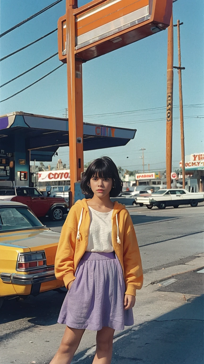  photo cinematic photograph long shot portraits by Wes Anderson, cute 23 yo girl ,fokus, bokeh ,wear ((orange color oversized_hoodie)), wear ((purple tennis skirt)),looking front,Best Quality,Masterpiece,Ultra High Resolution,(Realisticity:1.4),Original Photo, 1Girl, light leak,ultra high resolution,UHD,beautiful, (black bob hair), almond eye, no makeup, in front of ((80's colorful los angles gas station)), (realistic:1.2), (surreal:1.3), (very detailed:1.1), ((masterpiece)),summer, blue sky, palm trees,sunny, los angles vibes,film camera, 800mm lens,style of Philip Lorca diCorcia
