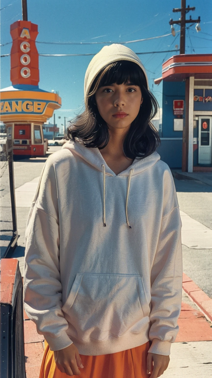 photo cinematic photograph long shot portraits by Wes Anderson, cute 23 yo girl ,fokus, bokeh ,wear ((orange color oversized_hoodie)), wear ((purple tennis skirt)),looking front,Best Quality,Masterpiece,Ultra High Resolution,(Realisticity:1.4),Original Photo, 1Girl, light leak,ultra high resolution,UHD,beautiful, (black bob hair), almond eye, no makeup, in front of ((80's colorful los angles gas station)), (realistic:1.2), (surreal:1.3), (very detailed:1.1), ((masterpiece)),summer, blue sky, palm trees,sunny, los angles vibes,film camera, 800mm lens,style of Philip Lorca diCorcia