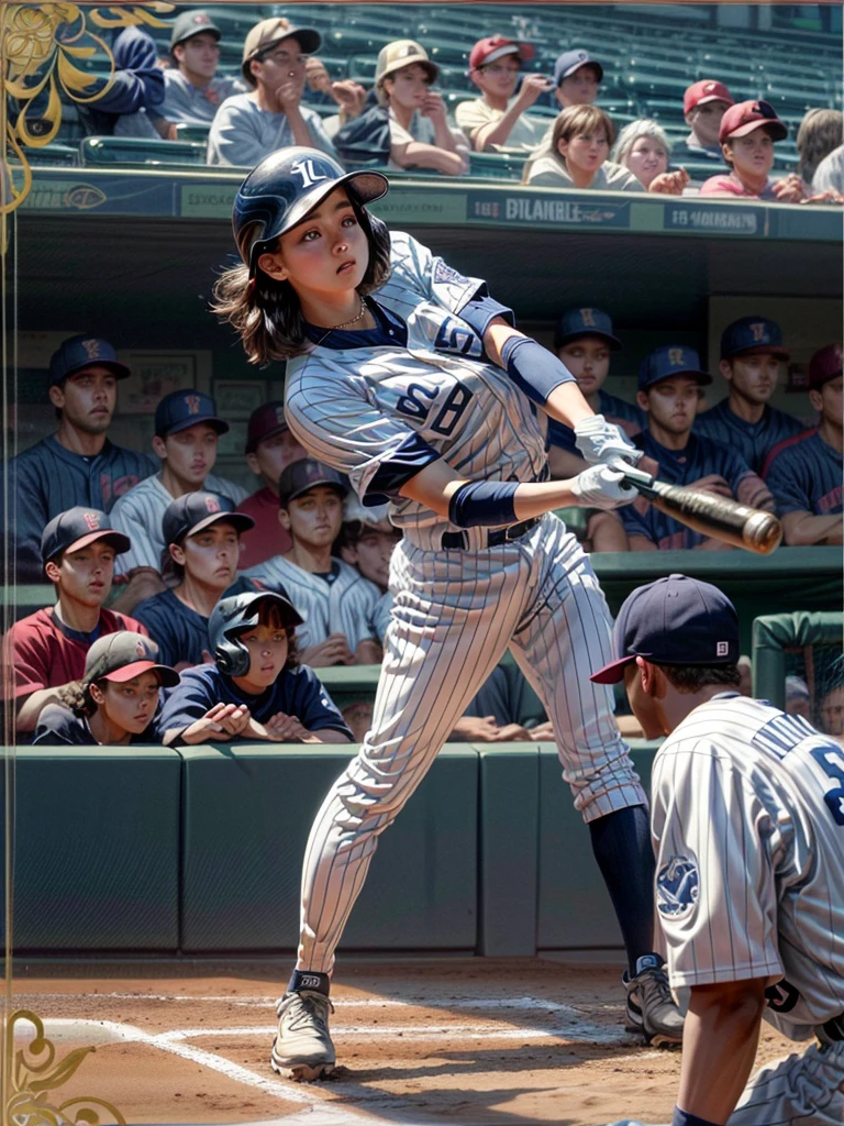 masterpiece,Highest quality,8K,High resolution,Raw photo,Professional,
Physically Based Rendering,Thin contours,
(Tarot cards. Frame and background are rounded. Detailed frame with floral motifs.:1.3) Two-digit Roman numerals,
Baseball stadium at night, beauty league game, bright with stadium lights (Many spectators:1.1),
One beautiful woman, perfect face and body, detailed face, perfect anatomy, live action photos
(Beautiful woman swinging the bat in the batter&#39;s box:1.2)
Front view of beautiful woman
(Baseball Player Uniforms),