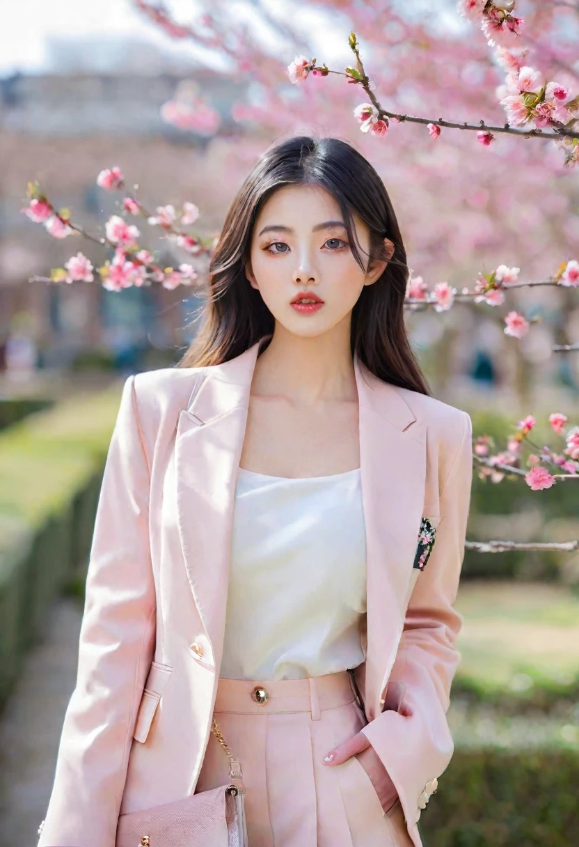 Gentle and beautiful woman, half body photo, delicate and sexy collarbone, charming oval face, double eyelids, smart peach blossom eyes, pink lips, small nose, bare shoulders, focused face, face close-up, ultra-high-definition, super Details, elegant standing, black British college style double-breasted casual loose Korean style small suit jacket, matched with black pleated skirt suit, big breasts